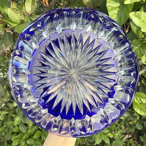 Bohemian Crystal Cobalt Blue Cut to Clear Large Rose Bowl 7” - Picture 9 of 11